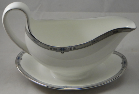 Wedgwood Amherst Platinum Trim Gravy Boat and Attached Underplate 
